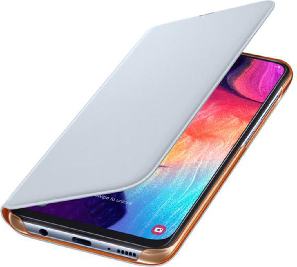 A white flip case is partially open, revealing a smartphone screen with a colorful wallpaper.