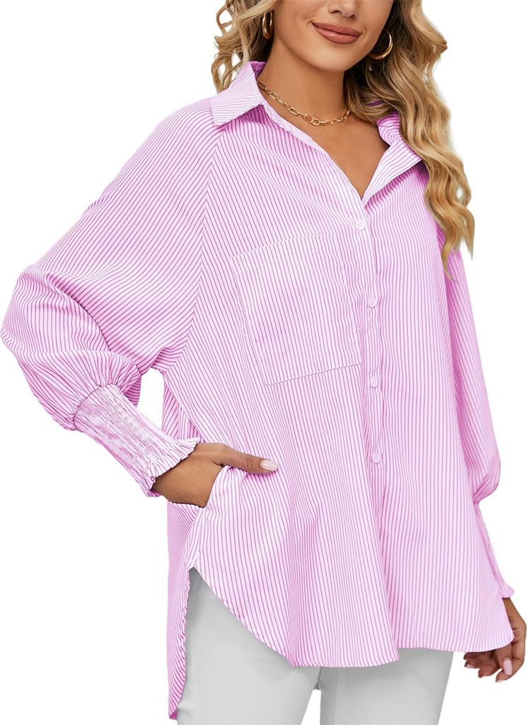 ASKSA Damen Bluse Streifen Oberteile Langarm Knoepfen Smocked Buendchen Elegant Casual Hemd Tops mit Tasche (Rosa,L)