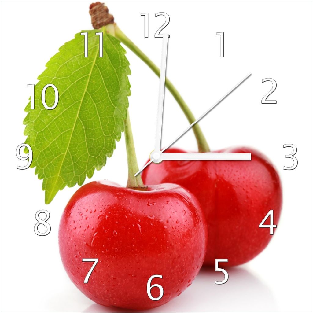 Wallario Design Wanduhr Saftige Süß-Kirschen mit grünem Blatt aus Echtglas, Größe 30 x 30 cm