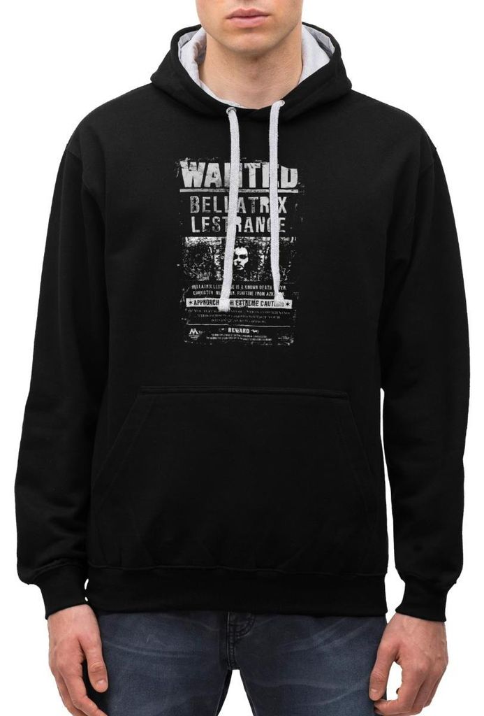 Spreadshirt Harry Potter Bellatrix Lestrange Wanted Poster Uni Kontrast Hoodie, L, Schwarz/Grau meliert