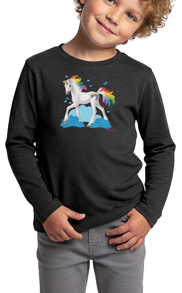 Spreadshirt Schleich Bayala Regenbogeneinhorn Kinder Premium Langarmshirt, 110/116 (4 Jahre), Anthrazit meliert