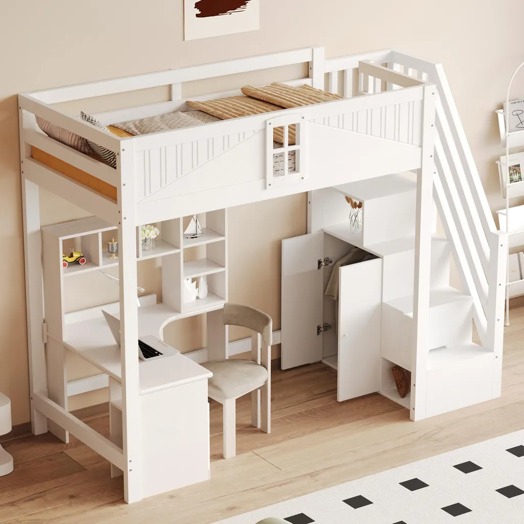 Merax Lit Superposé 90x200 cm en Bois Massif Blanc avec Escalier Rangement