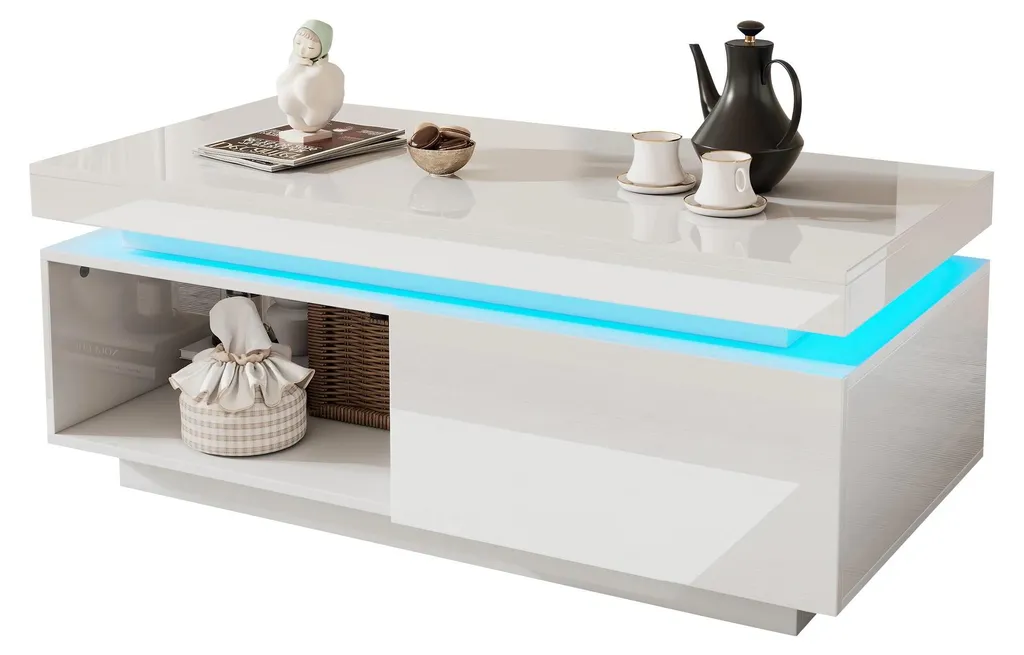 Table basse BLANC anti-désordre avec LED et grand tiroir - Rangement Malin