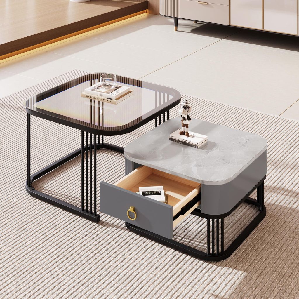 Sweiko Stapelbare salontafel: hoogglanzende marmerlook en Productafbeelding 
