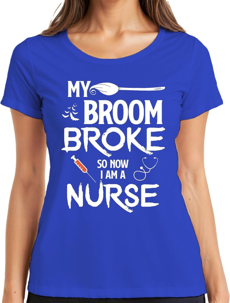 MY BROOM BROKE Halloween Krankenschwester Geschenk Lustig Hexe Damen T-Shirt, Blau, S