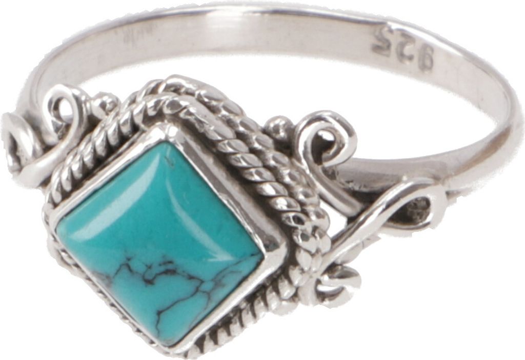 Boho Silberring, Filigraner Edelsteinring mit Rechteckigem Stein - Türkis, Türkis, SterlingSilber, Ringgröße: 50 (15,9 Mm), 1*1 cm