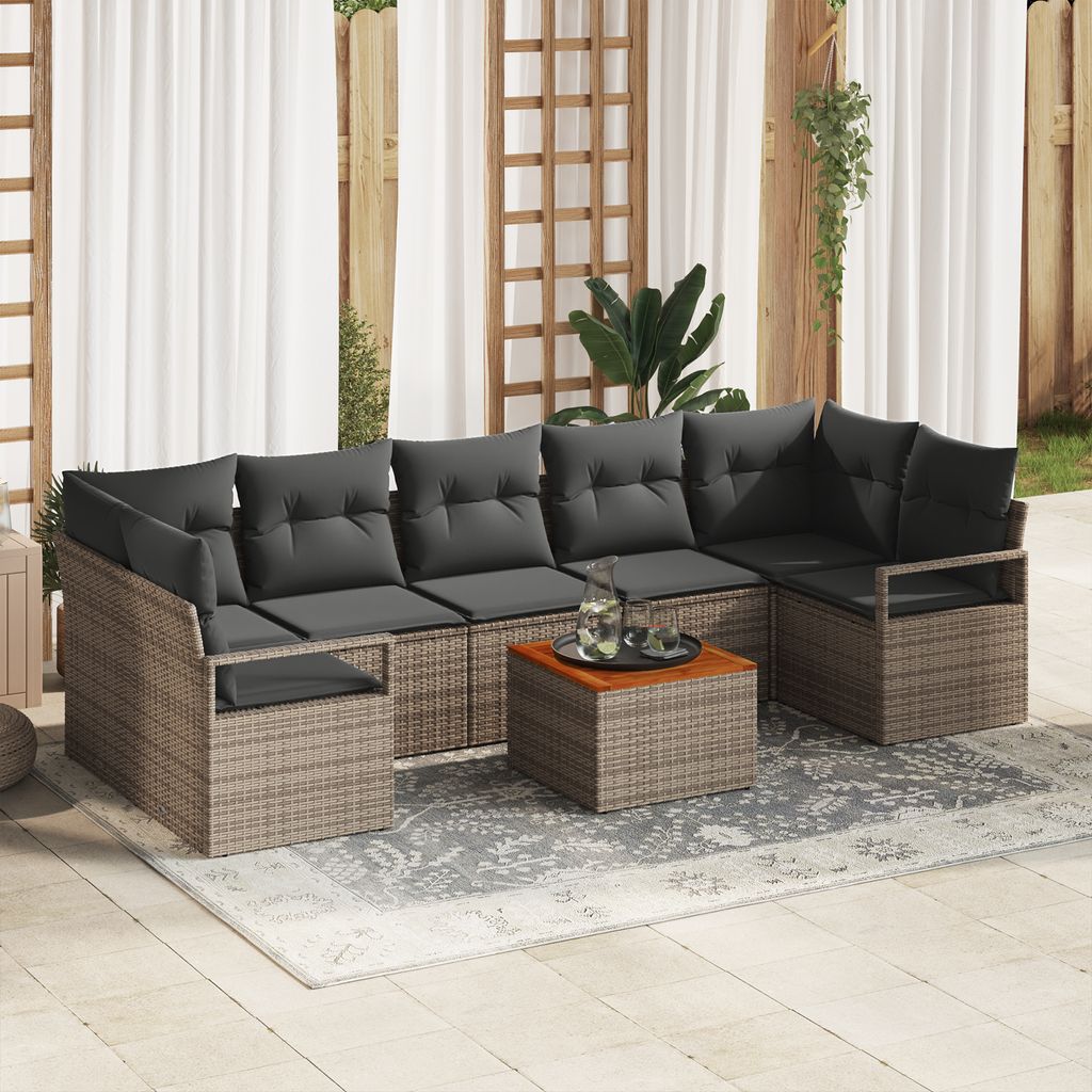 Desgin 8-teiliges Garten Sofaset mit Kissen Grau Poly Rattan Akazie - Gartensofas 3356340