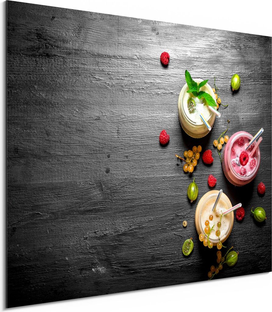 DEQORI Alu-Dibond Bild Weiß 80x60 cm 'Smoothies auf Schiefer' Wandbild Metall dünn Design