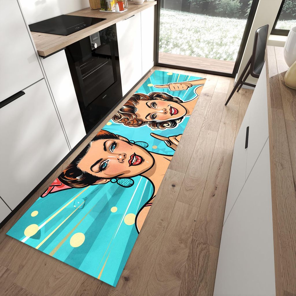 Küchenteppich 80x280cm rutschfest & abwischbar PVC Läufer - Retro Frauen Illustration
