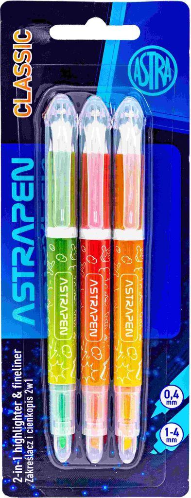 Astrapen 2-in-1-Textmarker und Fineliner, Blisterpackung mit 3 Stück, Astra