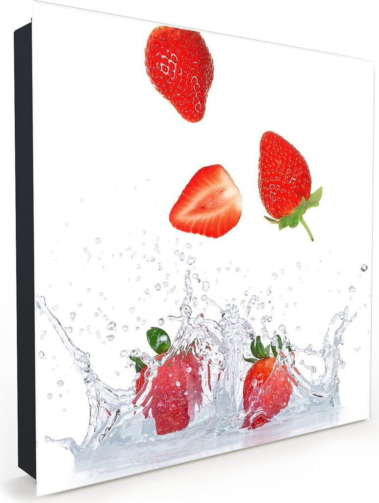 Nachbildung-Schlüsselkasten, Magnetpinnwand und Memoboard mit Glasfront Motiv Erdbeeren in Milch fliegend