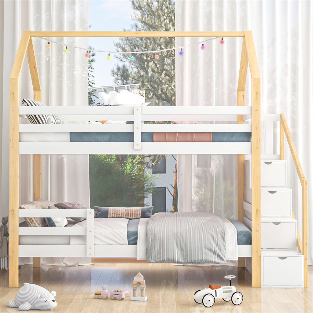 Etagenbett Ins und aus dem Bett kommen, Doppelbett,Kinderbett in Hausform, Leiterschrank,Kiefernholz Haus Bett for Kids
