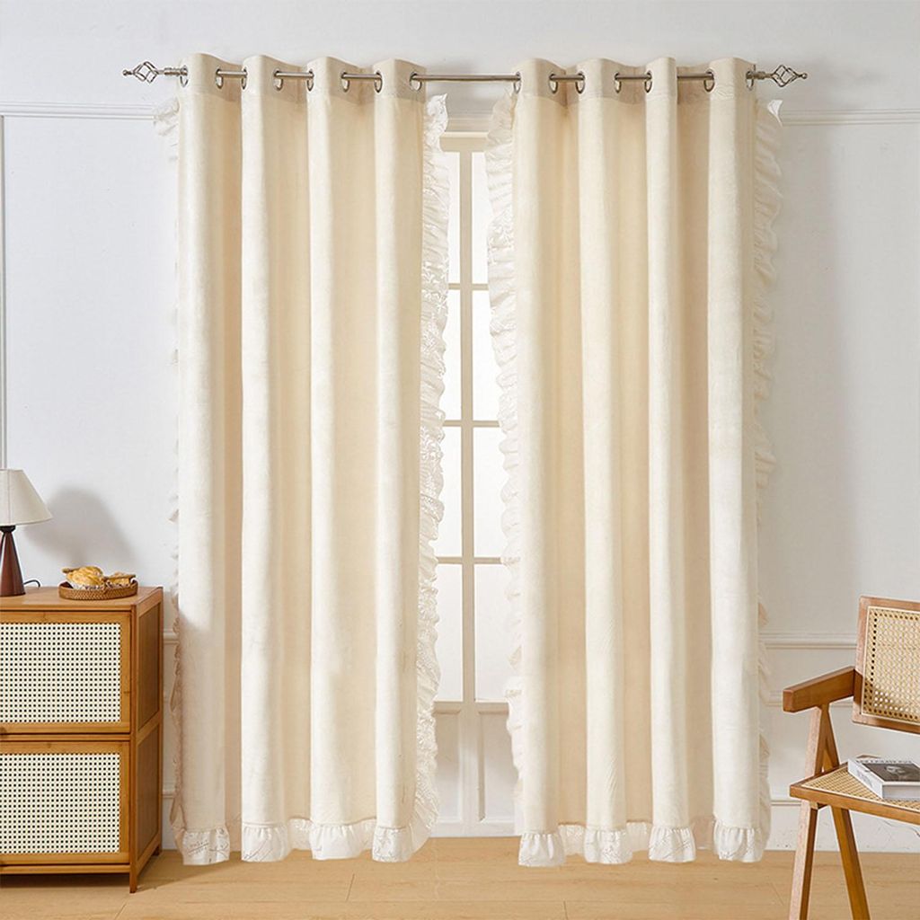 2er Set Samtvorhang Ösen mit Rüschen, Samt Verdunkelungsvorhang, Beige 132x213cm