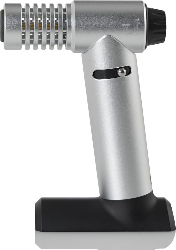 A silver and black flambé torch is shown against a white background.