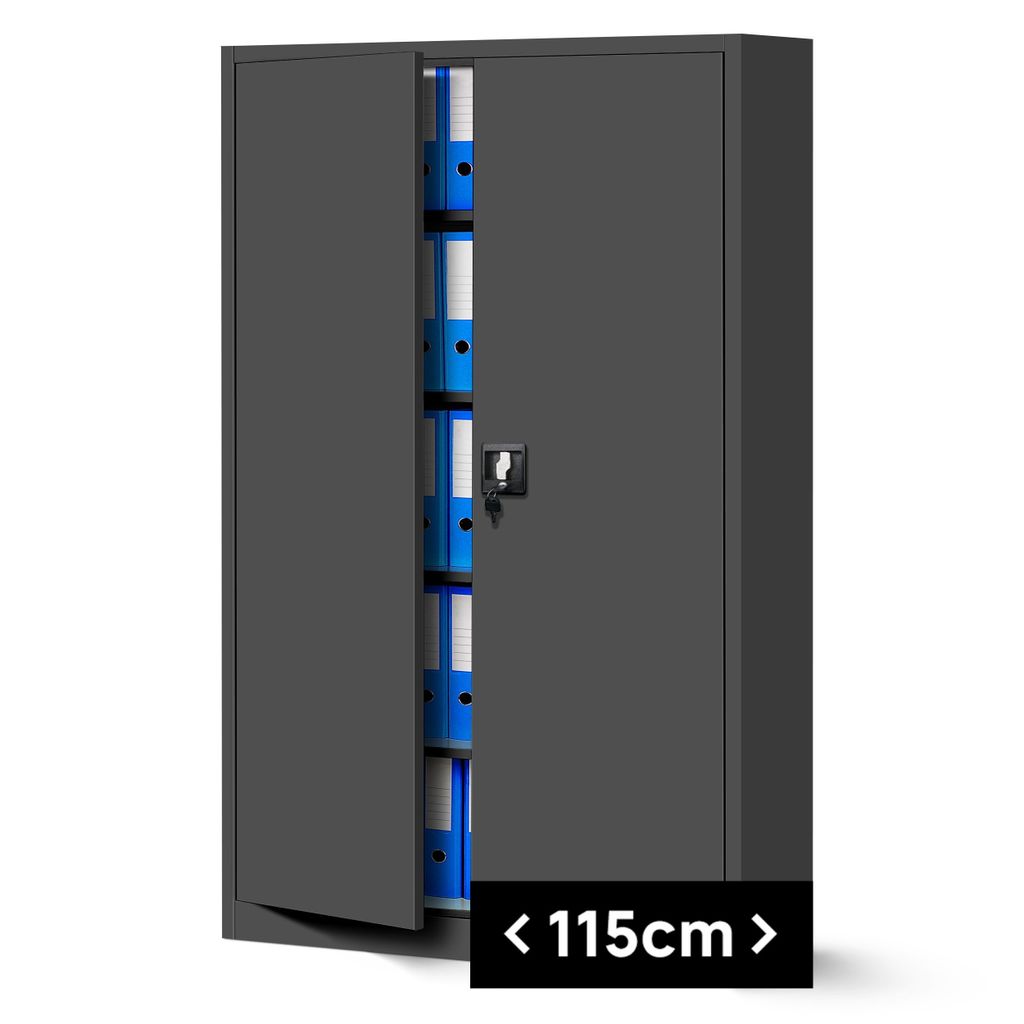 A gray metal cabinet with doors slightly ajar, revealing blue file folders on shelves. A black overlay with white text is present at the bottom right.