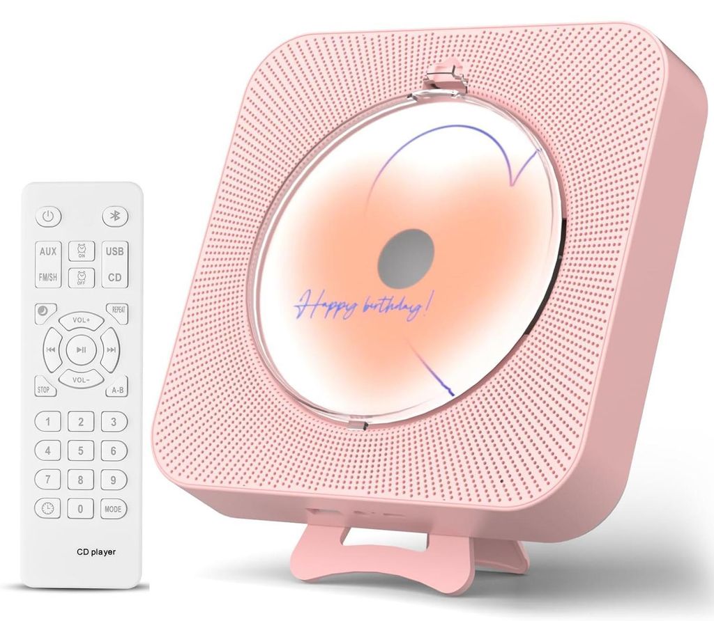 A pink CD player with a remote control.