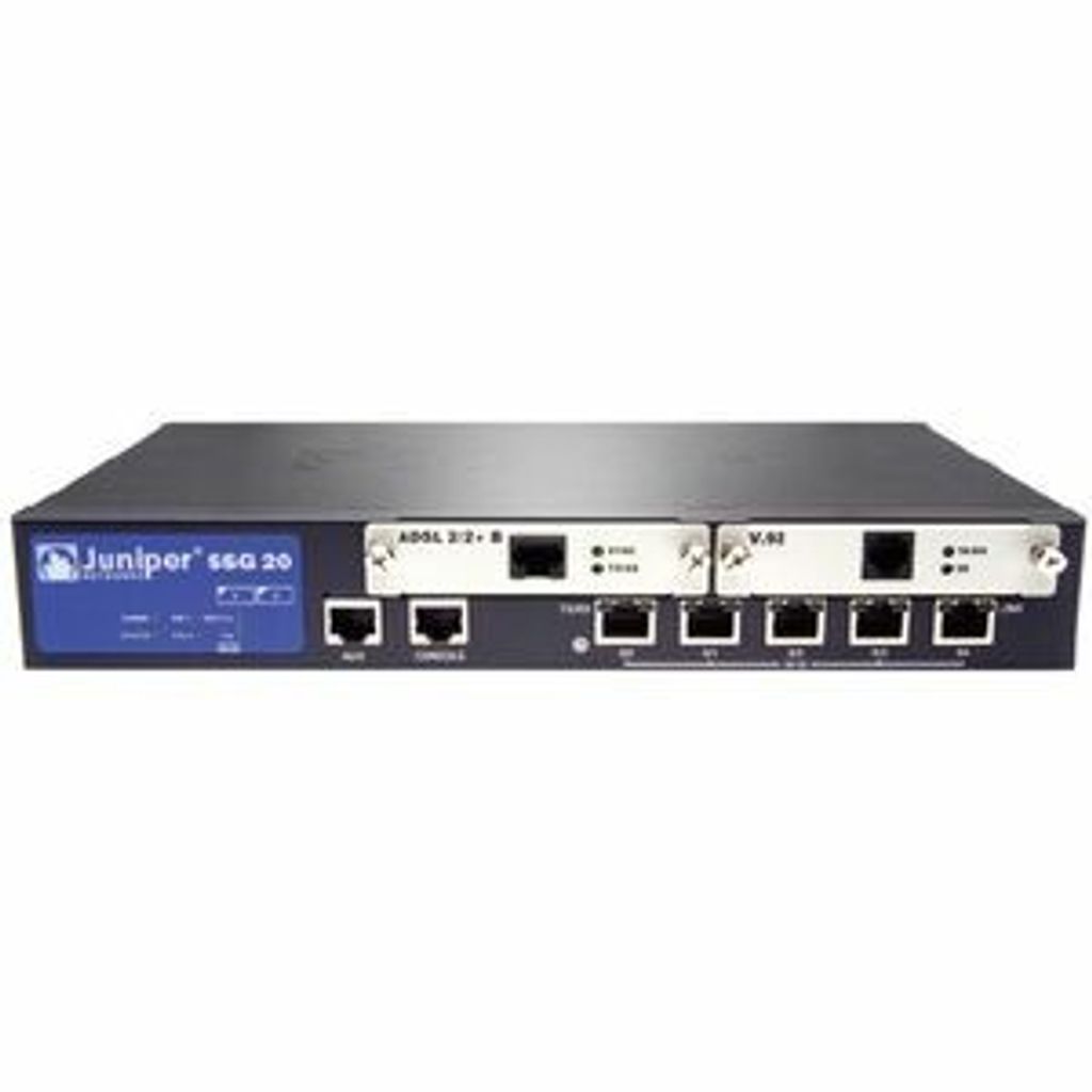 Juniper SSG-20-SB, 3DES, SHA-1, 25 t., 0,160 Gbit/Sek, 10/100BASE-T, Mini-PIM x 2, 240 VAC/ 12 VDC