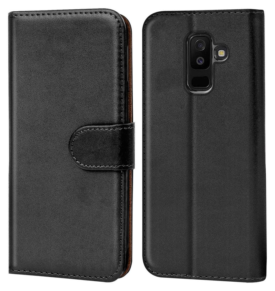 A black flip case for a Samsung Galaxy A6+ 2018 phone is shown from the front and back.