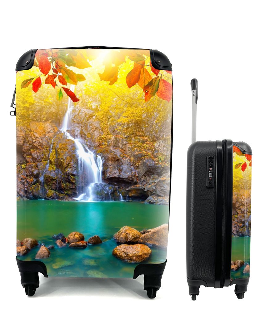 MuchoWow Koffer Handgepäck Trolley Rollkoffer Kleine Reisekoffer mit 4 Rollen - Steine - Baum - Wasserfall - Herbst - Rot - Cabin Size < 55x40x2...