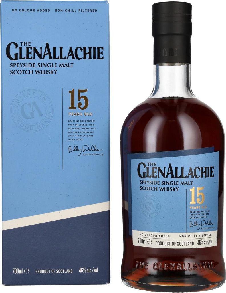A bottle of Glenallachie 15 Year Old Speyside Single Malt Scotch Whisky and its accompanying box.
