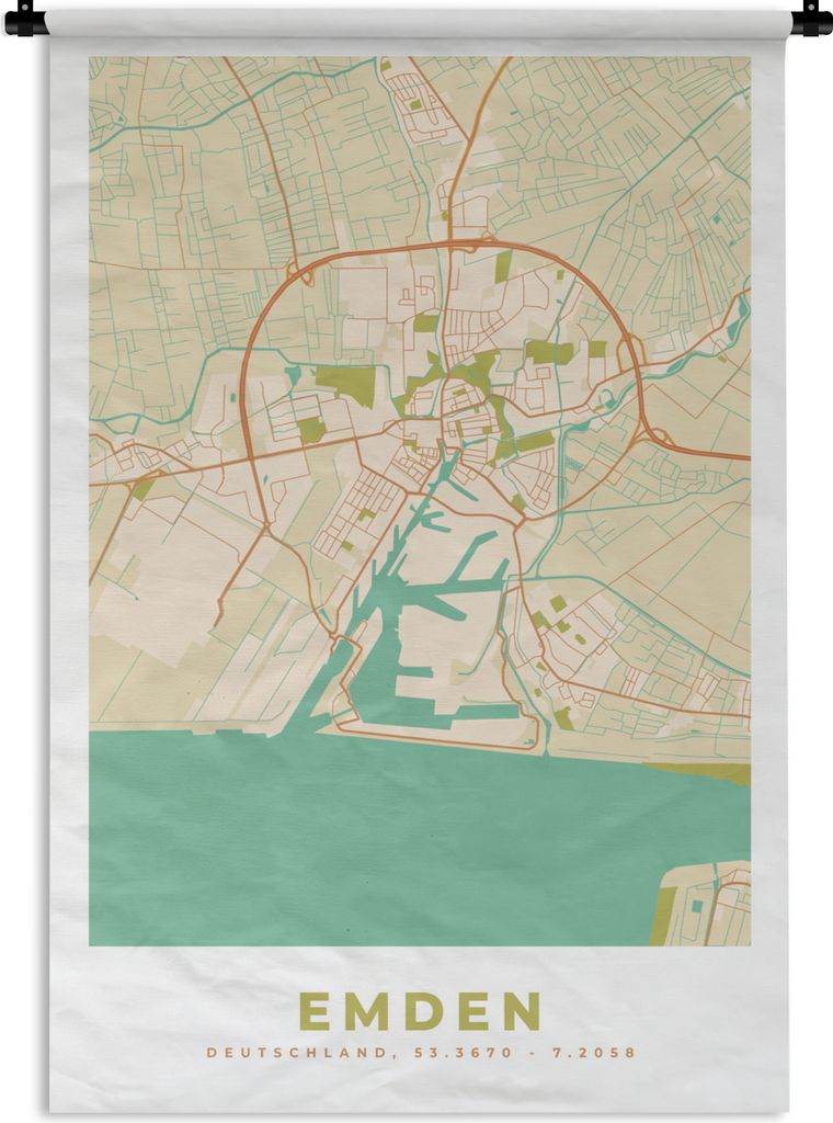 MuchoWow Wandteppich Wandbehang Emden - Karte - Stadtplan - Vintage 120x180 cm Tapisserie Dekoration Wandtuch - Schlafzimmer - Dekorationen für ...