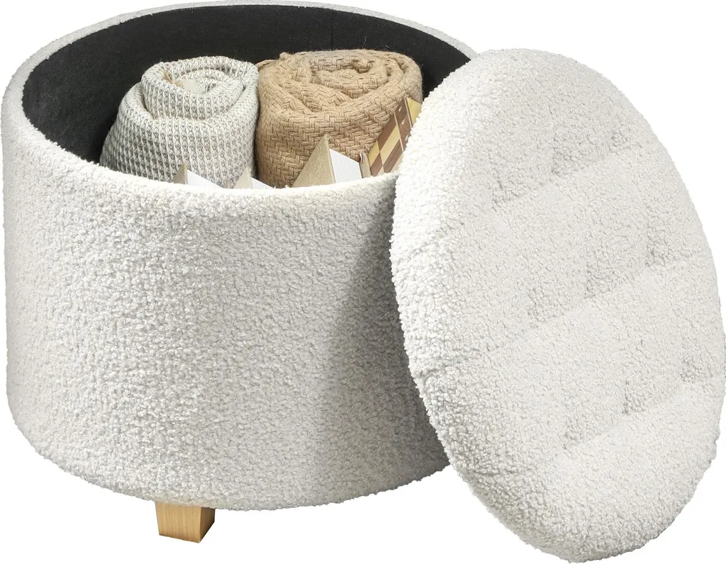 Tabouret Coffre de Rangement Rond en Tissu Bouclette pour Salon