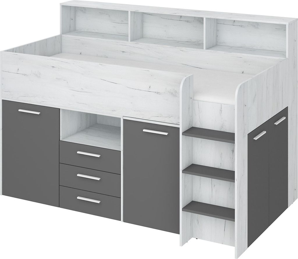 Bett mit Schreibtisch NEO R Rechts 80x200 cm Schlafzimmer-Sets Hochbett Etagenbett craft weiß / graphit
