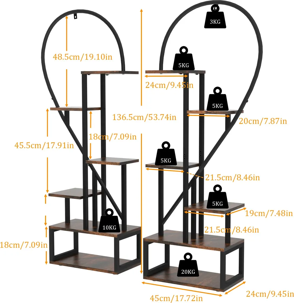 Support pour plantes en forme de cœur noir et marron à 6 étages design