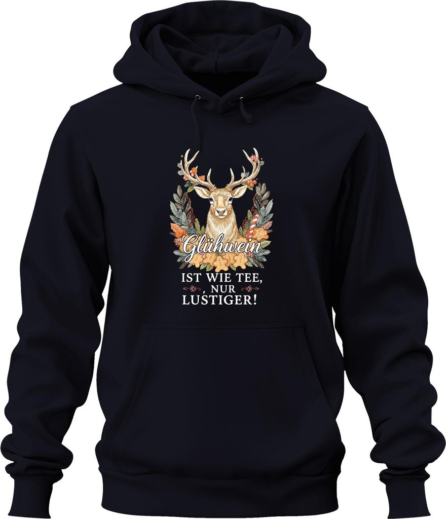Glühwein ist wie Tee nur viel lustiger Weihnachten Retro Hirsch Uni Hoodie Kapuzenpullover, Navy, XL