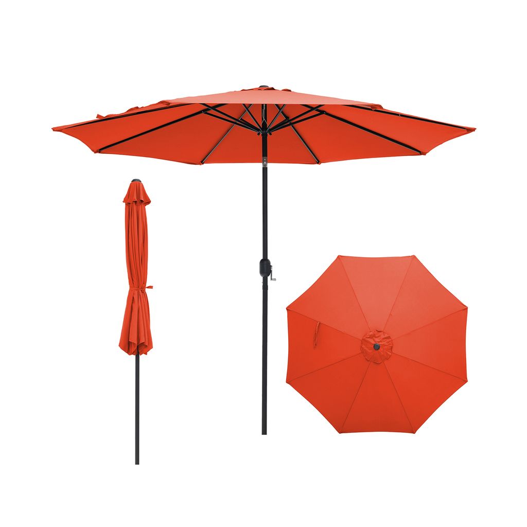 Three views of an orange patio umbrella: fully open, closed and standing, and a top-down view of the canopy.