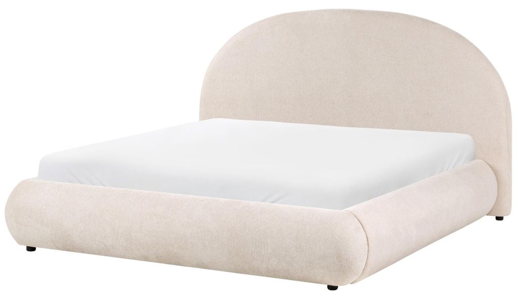 BELIANI Polsterbett mit Stauraum Hellbeige Stoff 160 x 200 cm mit Bettkasten Hochklappbar Modernes Design Rundes Kopfteil Lattenrost Schlafzimmer