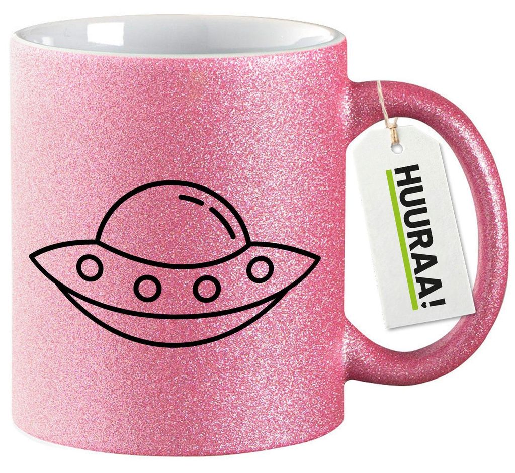 Huuraa Glitzertasse Raumschiff UFO 330ml Pink Keramik Kaffeebecher Geschenkidee
