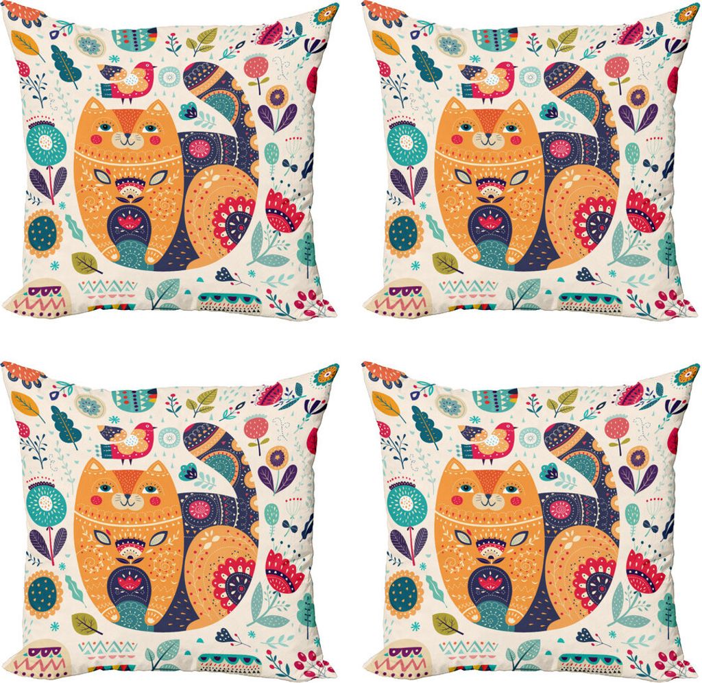 ABAKUHAUS Paisley Kissenbezug Set (4 Stück), Katze und Blumen-Blatt, Moderner Doppelseitiger Digitaldruck, 40 cm x 40 cm, Mehrfarbig