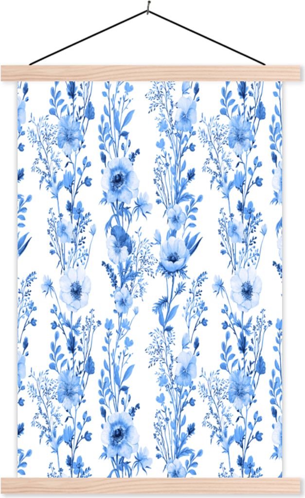 MuchoWow Textilposter Blumen - Anemone - Blau - Muster 120x180 cm mit holzfarbenen Rahmen - Textil-Plakat