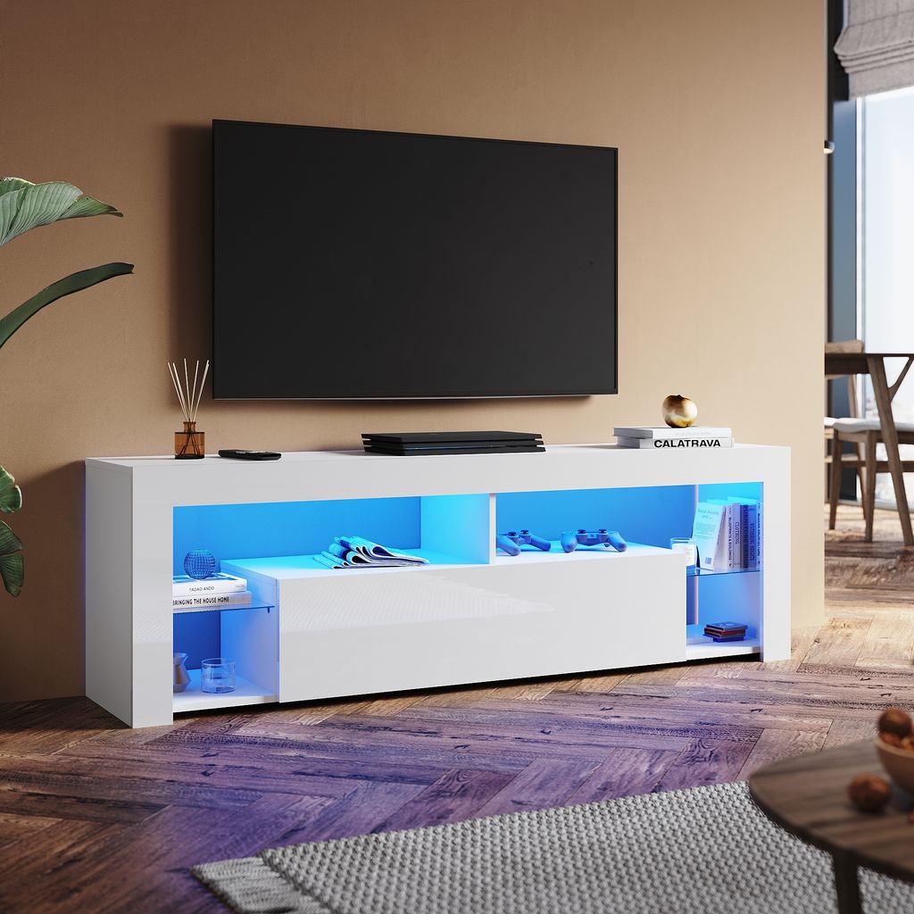 SONNI Armoire TV Blanc brillant 160 x 35 x 50.5cm Équipée Image du produit 