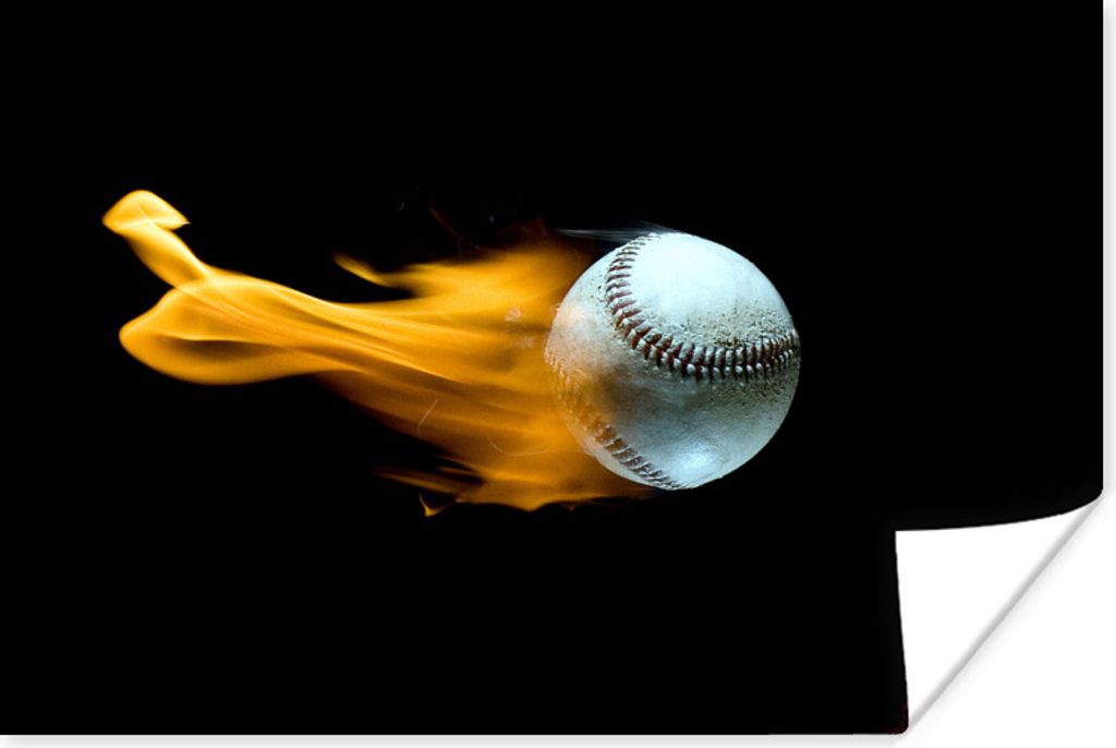 MuchoWow Poster Ein Baseball mit Feuer auf schwarzem Hintergrund 120x80 cm - Bilder