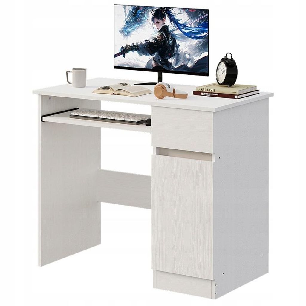A white modern computer desk with a keyboard tray, a drawer, and a cabinet. A computer monitor, a mug, an open book, and a clock are on the desk.