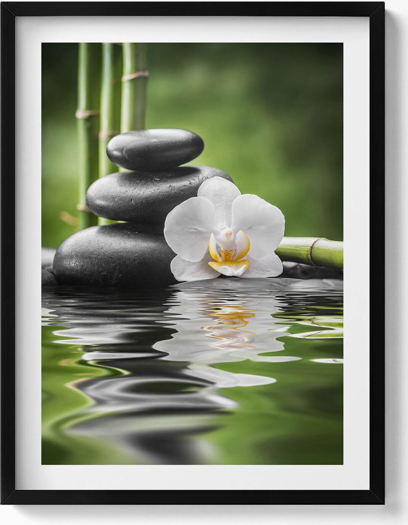Zen - Bambussteine und Blume auf dem Wasser– Wandbild mit Rahmen – Gerahmtes Bild – Wanddekoration – 60x80 cm – Schwarz Rahmen
