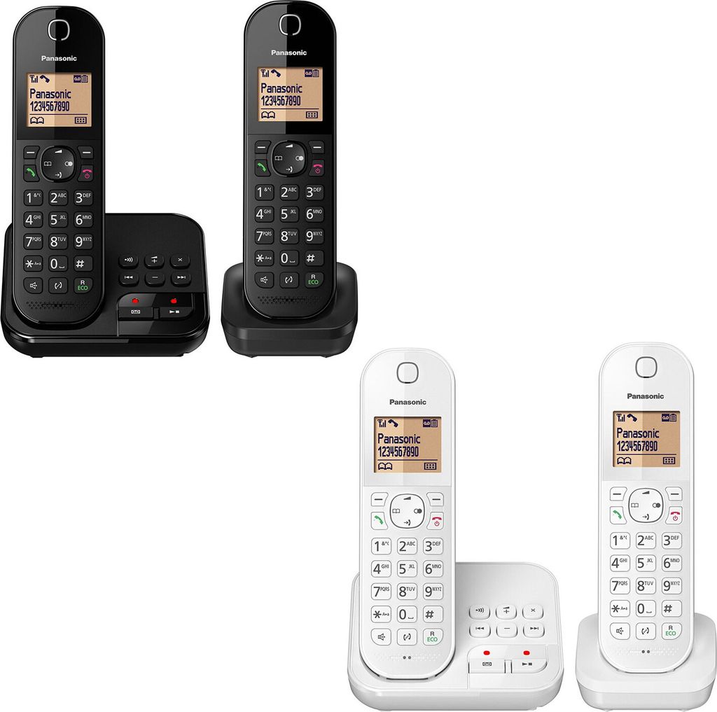 A collage of two different Panasonic cordless phone sets, one black and one white.