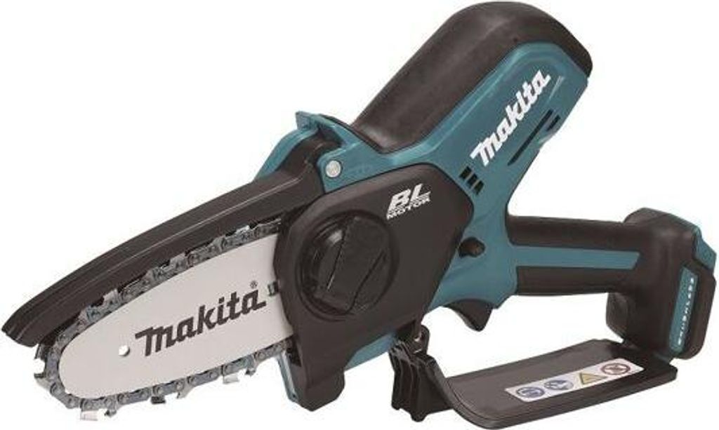 A cordless Makita chainsaw is shown against a white background.