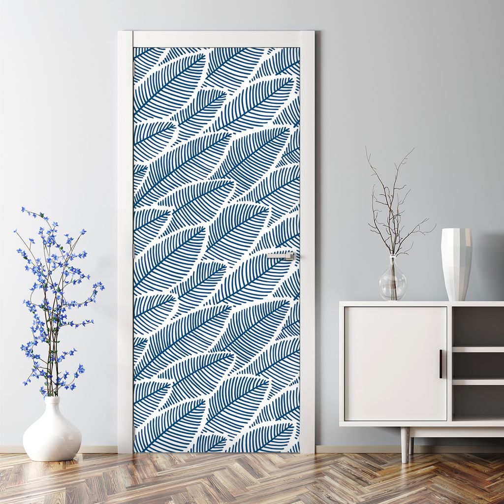 Dekorative Abnehmbarer Wandsticker Türtapete selbstklebend Klebefolie Subtil Blaue Blätter 85 x 200 cm