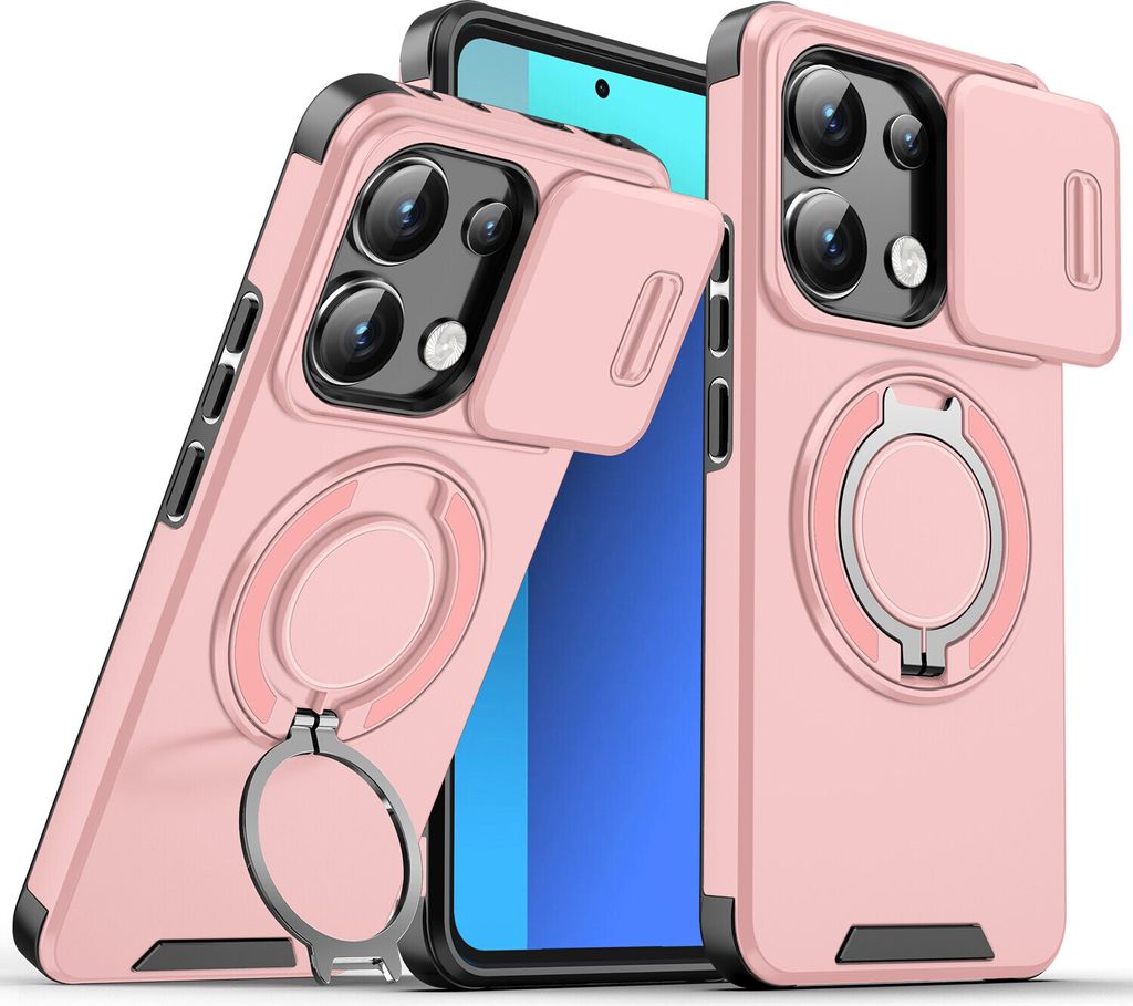 Handyhülle für Xiaomi Redmi Note 13 Pro 4G Dual-Layer Stoßfest Militär Hülle mit Dia Kameraschutz und Magnetisch Ring Ständer Pink