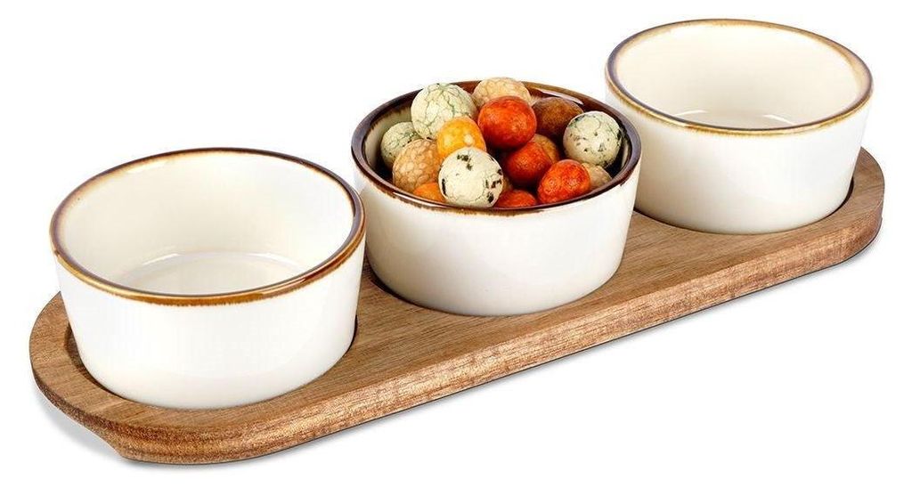 3er-Set Schalen auf Akazientablett für Snacks und Dips Produktbild 
