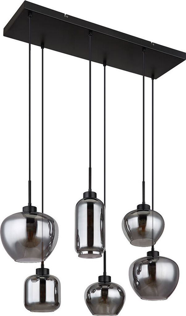 Pendelleuchte, Metall, Schwarz-matt, Glas Rauchfarbe, 6-Flammig