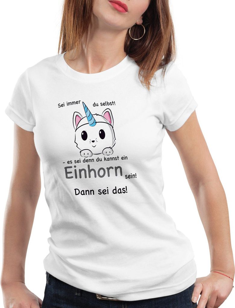 style3 Sei immer du selbst! Einhorn Damen T-Shirt Unicorn, Farbe:Weiß, Größe:XS