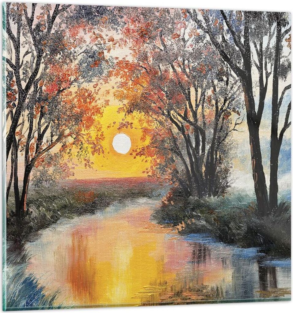Bilder auf glas - Einteilig - Fluss Sonne Bäume - 40x40cm - Glasbilder - Wandbilder - Bilder - zum Aufhängen bereit - Wanddekoration aus Glas - G...