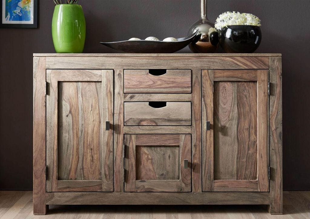 MASSIVMOEBEL24 Sideboard Sheesham 130x45x85 grau geölt NATURE GREY #86