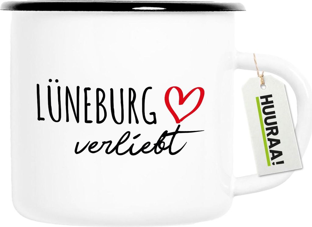 Huuraa Emaille Tasse Lüneburg verliebt 300ml Vintage Campingbecher Geschenkidee