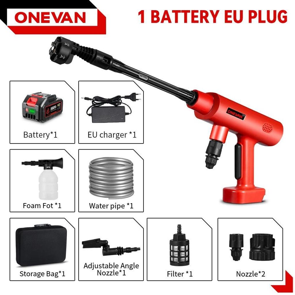 6-in-1 Hochdruckreiniger - Kabellose Hochdruckpistole - 3500 W - 200 Bar - Bürstenlos 30000 U/min - 380 L/h - 1 Akku inkl. - EU-Stecker - Orange