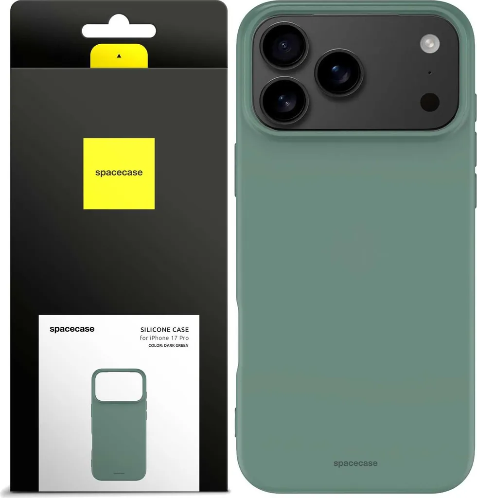 Coque iPhone 17 Pro Spacecase en silicone souple coloris vert forêt chic